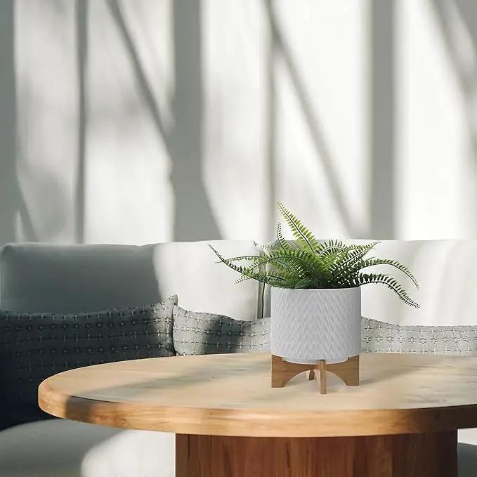 8" Ceramic Planter on Wooden Bamboo Stand - Contemporary White Chevron Design for Indoor or Outdoor Plants, Succulents, Cactus by GreenHaven Gardens
