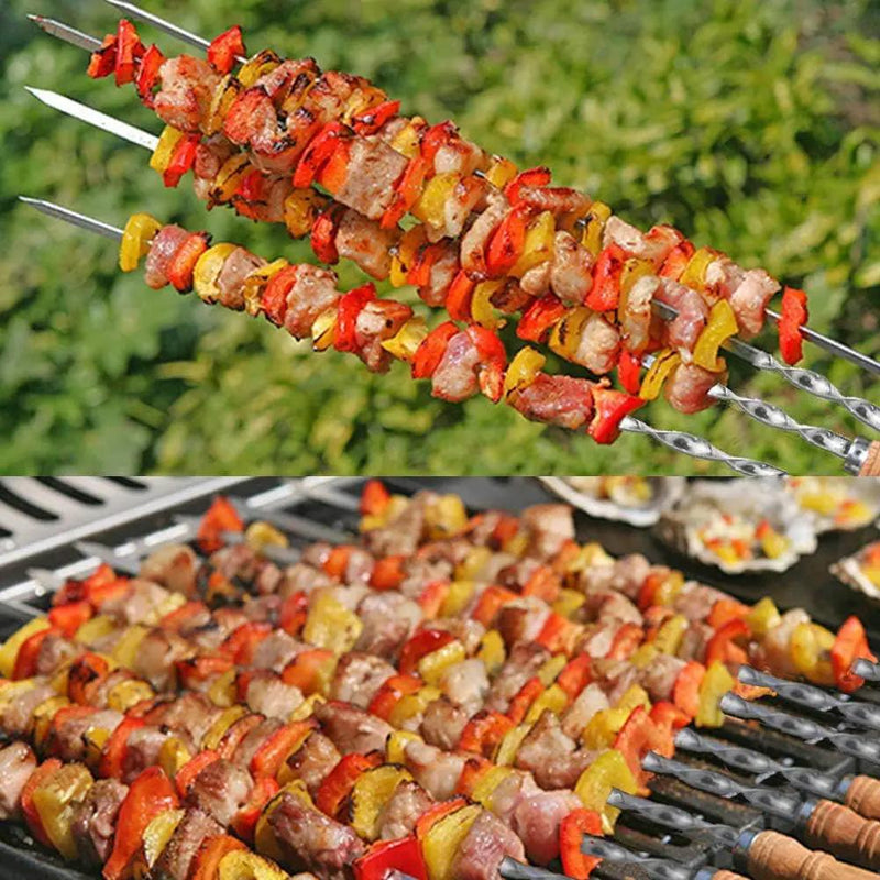 12 Pack Kabob Skewers BBQ Barbecue Skewers Stainless Steel Sticks 23.5 Inch Heavy Duty Large Wide Reusable with Nonslip Wooden Handle Ideal for Shish Kebab Chicken Shrimp and Vegetables by GreenHaven Gardens