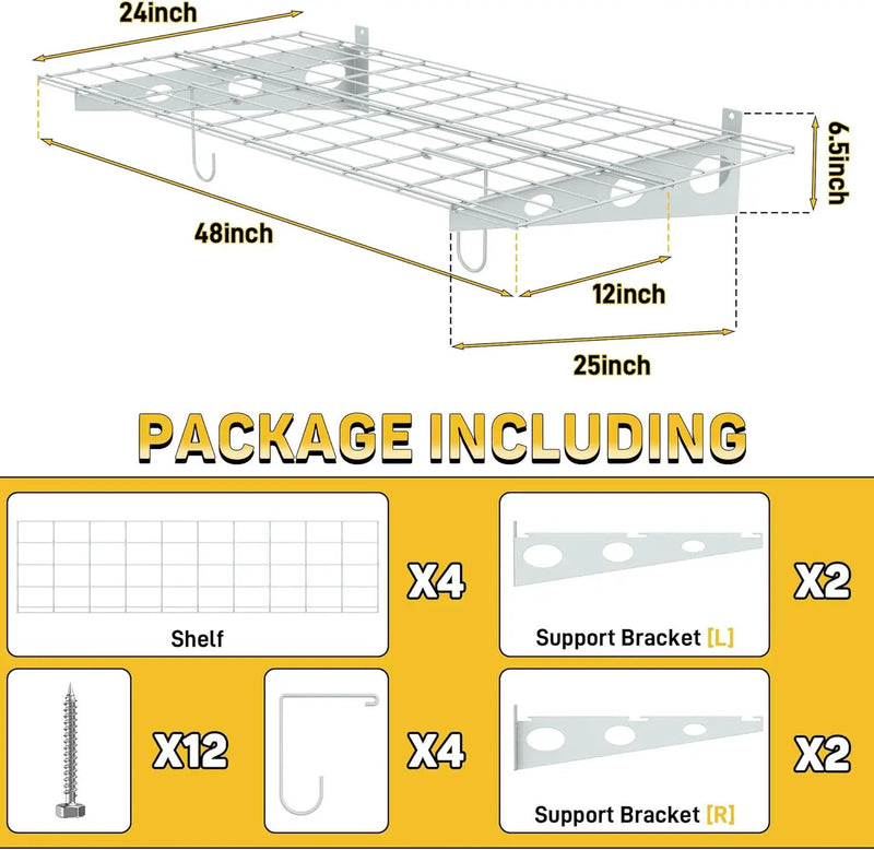 Ultrawall Garage Wall Shelves, 2 x 4 ft Wall Mounted Storage Shelves, Heavy Duty Wall Shelving with Hooks, Holds Up to 220 Lbs, 2Pack, White by GreenHaven Gardens