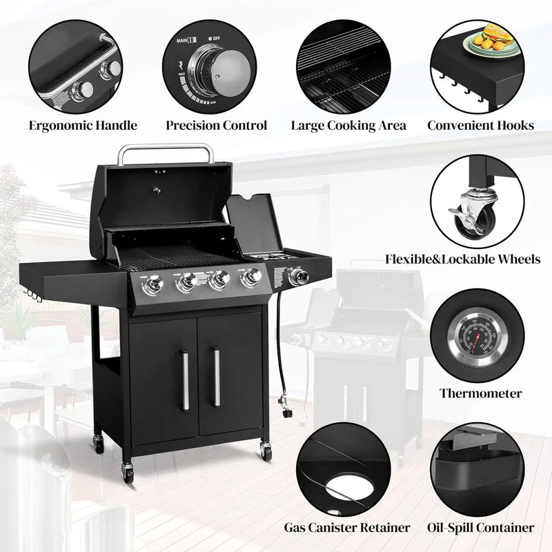 ROVSUN 4-Burner Propane Gas BBQ Grill with Side Burner & Enameled Cast Iron Grates, 58,000 BTU Barbecue Grill with Wheels for Outdoor Patio Backyard Cooking Grilling, Black by GreenHaven Gardens