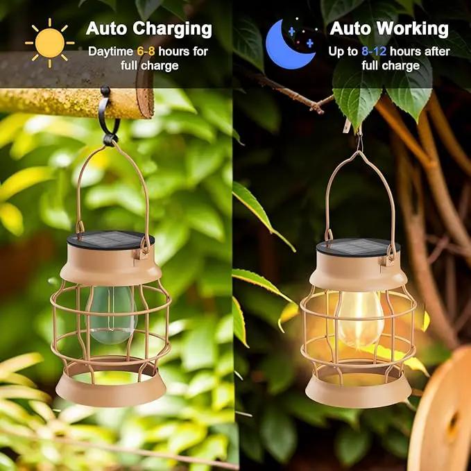 2 Pack Solar Outdoor Lights Metal Hanging Solar for Outside Lights Outdoor Waterproof Retro Design with Edison Bulb Decorative for Patio Porch Fence Garden Lawn by GreenHaven Gardens