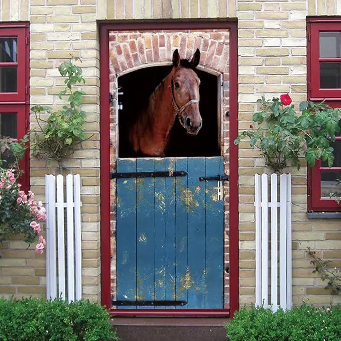 3D Horse Door Sticker Mural - Blue Rustic Matte Finish - Waterproof & Washable - Peel & Stick - Removable - 37.4" x 82.7" - Wall & Door by GreenHaven Gardens