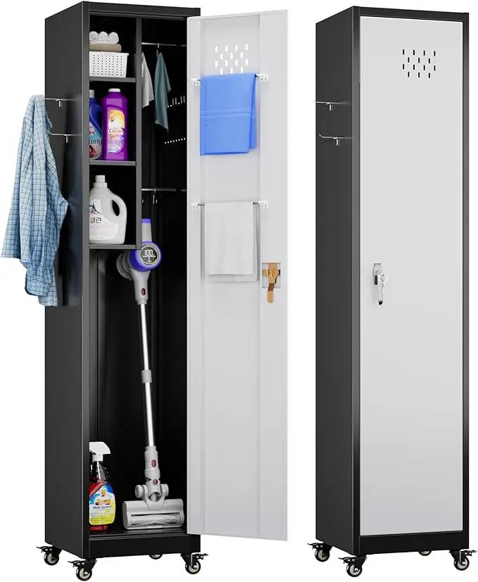 72''H Metal Broom Closet Storage Cabinet with Wheels & Pegboards, Mops Broom Closet Organizer with Locking Door & Hanging Rod,Cleaning Tool Garage Cabinet,Assembly Required,Black White by GreenHaven Gardens
