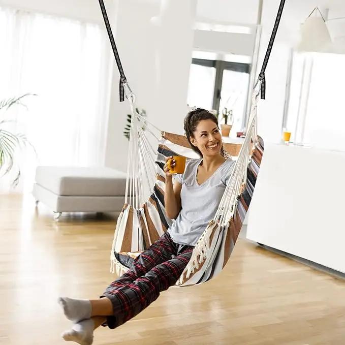 Chihee Hammock Chair Hanging Swing 2 Pillows Included,Strong Webbing Straps and Hooks for Easy Hanging Soft Cotton Hanging Chair Side Pocket Tassel Chair Comfort Indoor Outdoor Brown Stripes by GreenHaven Gardens