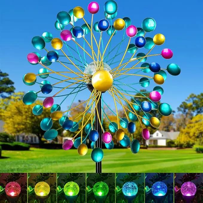 Solar Wind Spinners for Yard and Garden- 58.2 Inch Metal Wind Sculptures Outdoor Clearance Kinetic Windmills with Multi Color Led Glass Ball (Polka Dots) by GreenHaven Gardens