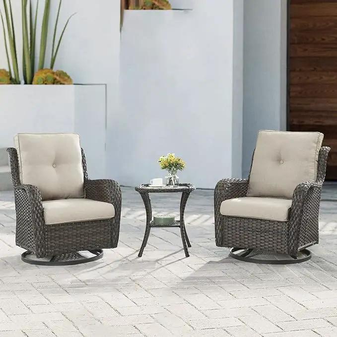Outdoor Patio Swivel Rocker Chairs - 3 Piece Patio Bistro Set,Wicker Patio Furniture Set with 2 Swivel Rocking Chairs and 1 Glass Top Side Table for Deck Porch Garden,Brown/Beige by GreenHaven Gardens