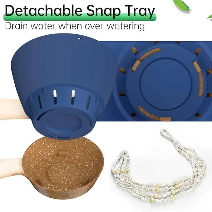 ZMTECH 2 Pack 10 Inch Blue Hanging Planters with Macrame Plant Hanger for Indoor and Outdoor Plants, Self Watering, Drainage Hole, Visible Level Tray by GreenHaven Gardens