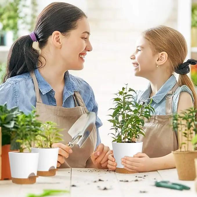 7/6.5/6/5.5/5/4 inch Self Watering Pots for Indoor Outdoor Plants, 6 Pack Plastic Flower Planters with Drainage Holes and Removable Saucers, Plant Pots with Wicking Rope, White Brown by GreenHaven Gardens