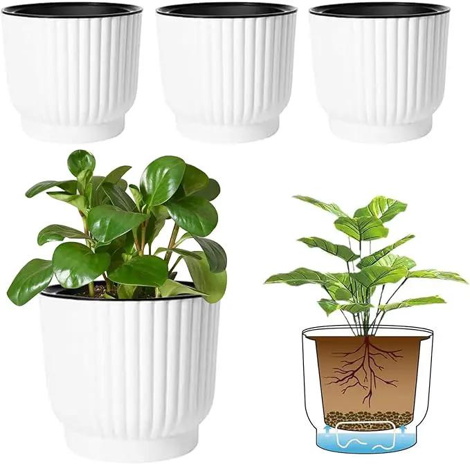 T4U 7 Inch Self Watering Pots for Indoor Plants, 4 Pack White Plastic Flower Pots for All House Plants, Flowers, African Violets by GreenHaven Gardens