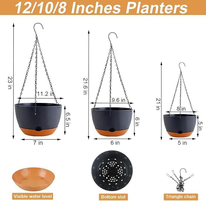 8/10/12 inch Plant Pot Hanging Planters Self Watering Pots for Indoor Plants, 3 Pack Plastic Hanging Basket with Removable Tray for Home Garden Porch Balcony Patio Decor(Black) by GreenHaven Gardens