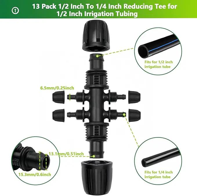 13 Pcs Drip Irrigation Fittings for 1/2 Inch Tubing (1/2" ID x 0.65" OD) to 1/4 Inch Irrigation Tubing, Locked Barbed 1/2" to 1/4" Reducing Tee Connector Drip Line Parts by GreenHaven Gardens