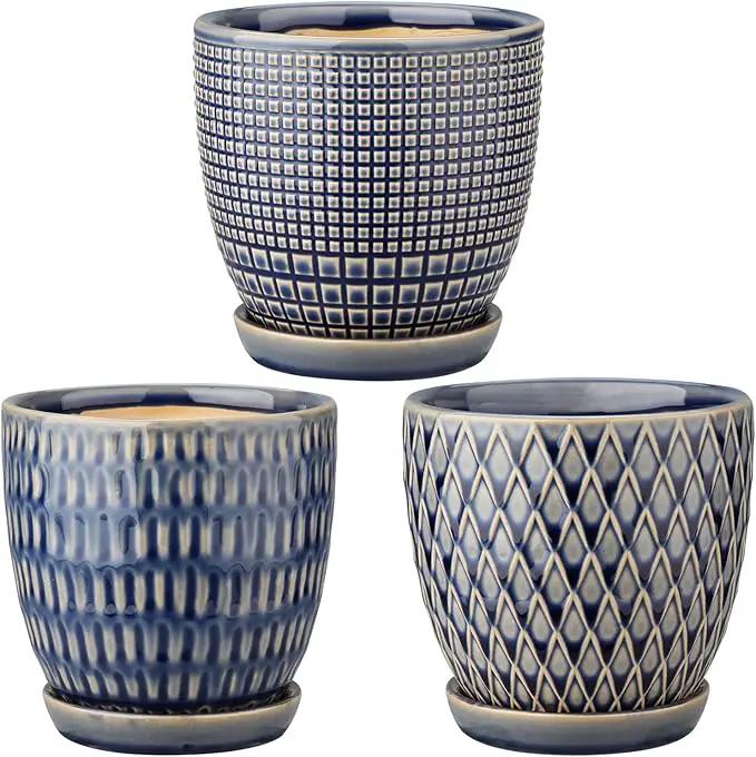 Oairse 4 inches Ceramic Planter Pots 3 Set of Small Round Flower Pots with Drainage Hole and Ceramic Tray for Succulents Cactus Indoor Outdoor Garden Home Windowsill by GreenHaven Gardens