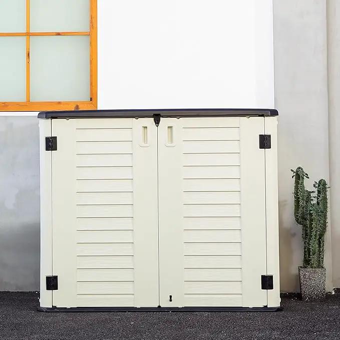 Outdoor Patio Storage Shed,Waterproof Horizontal Outdoor Storage Cabinet for Garbage Cans,Tools and Lawnmower Lockable(34 Cu.ft-Warm-White) by GreenHaven Gardens