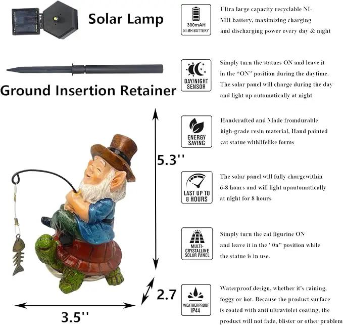 Garden Gnome Turtle solar LED Pond Statue Decoration, Fishing Gnome Turtle Garden Statue Outdoor Koi Pond or Waterfall or lawn Decor,5.3" Gnome turtle Fishing Poolside Statue contains ground insertion by GreenHaven Gardens