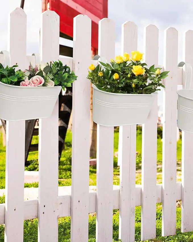vensovo Metal Railing Planter for Outdoor Plants - 3 Pack Balcony Hanging Flower Pots with Detachable Hooks and Drain Holes Oval Bucket Rail Box Fence Planters for Home Garden Decor, White by GreenHaven Gardens
