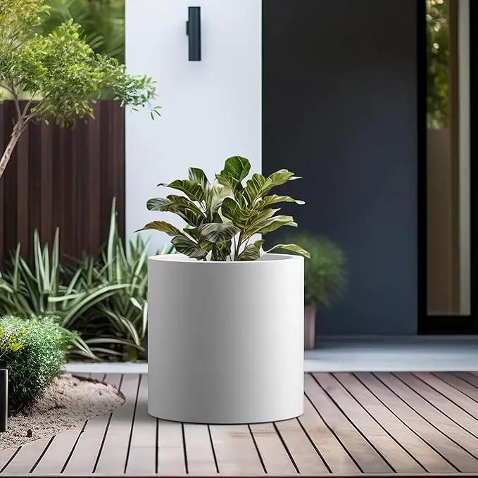 Kante 15.7" Dia Round Concrete Planter, Modern Style Large Cylindrical Plant Pot with Drainage Hole and Rubber Plug for Indoor Outdoor Patio, White by GreenHaven Gardens