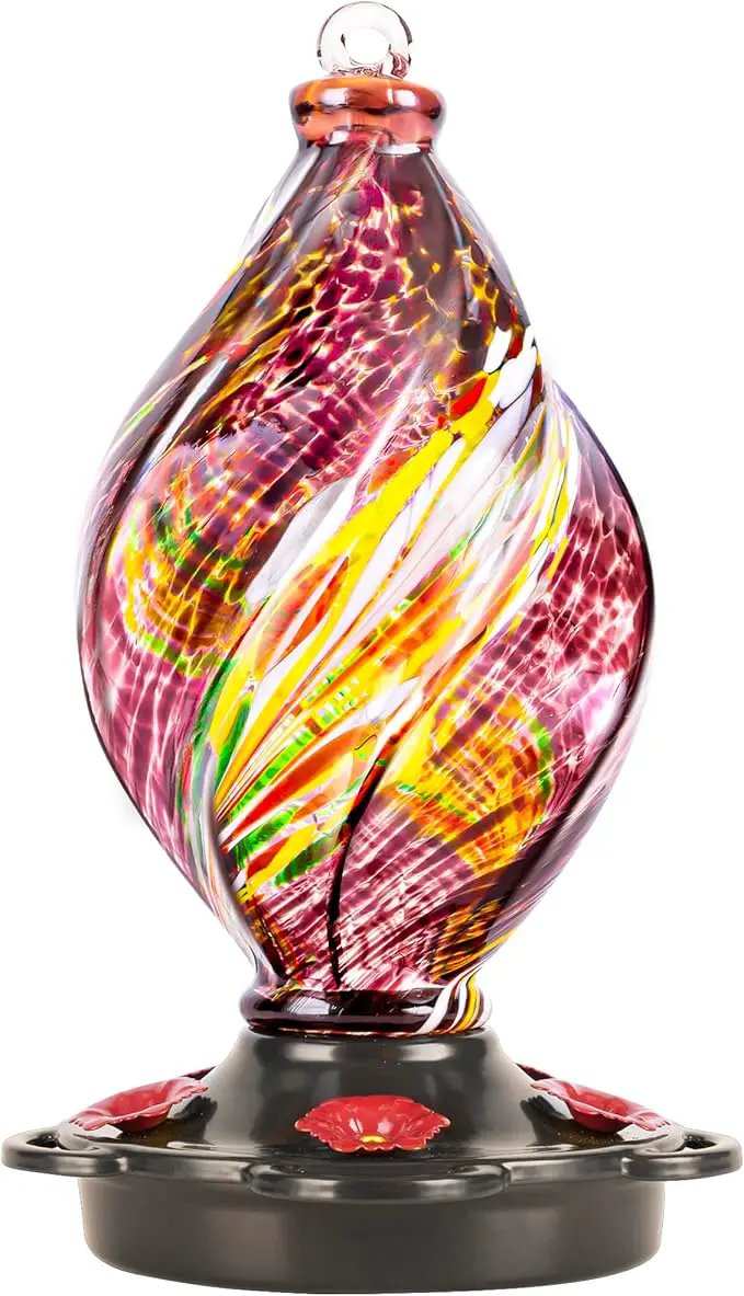 LUJII Ice Cream Shaped Spiral Hummingbird Feeder for Outdoors Hanging, Hand Blown Glass, 28 fl.oz, Leak Proof & Rustproof, Includes an Ant Moat with Hook, Unique & Stylish Glass Art & Decor (Purple) by GreenHaven Gardens