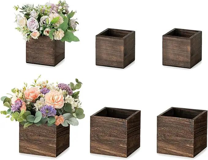 NUPTIO Wooden Box for Centerpiece Wedding: 6 Pcs Rustic Square Planter Box for Christmas Centerpiece Table Fall Decorations - 4×4" & 5×5" Small Wood Vases Flower Pots for Windowsill Home Garden Decor by GreenHaven Gardens