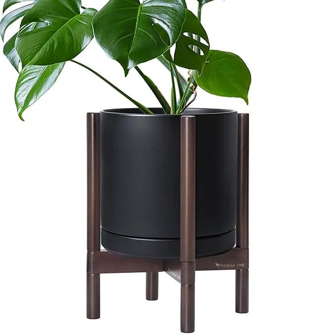 D'vine Dev Ceramic Planter with Walnut Color Stand - 12 Inch Modern Round Flower Pot with Wood Planter Holder, Black, 55-B-W-2 by GreenHaven Gardens