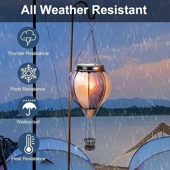 pearlstar Hot Air Balloon Solar Lantern with Flickering Flame Light Outdoor Solar Hanging Lights Waterproof for Garden Yard Farmhouse Outside Decoration,Stained Glass Blue and White by GreenHaven Gardens