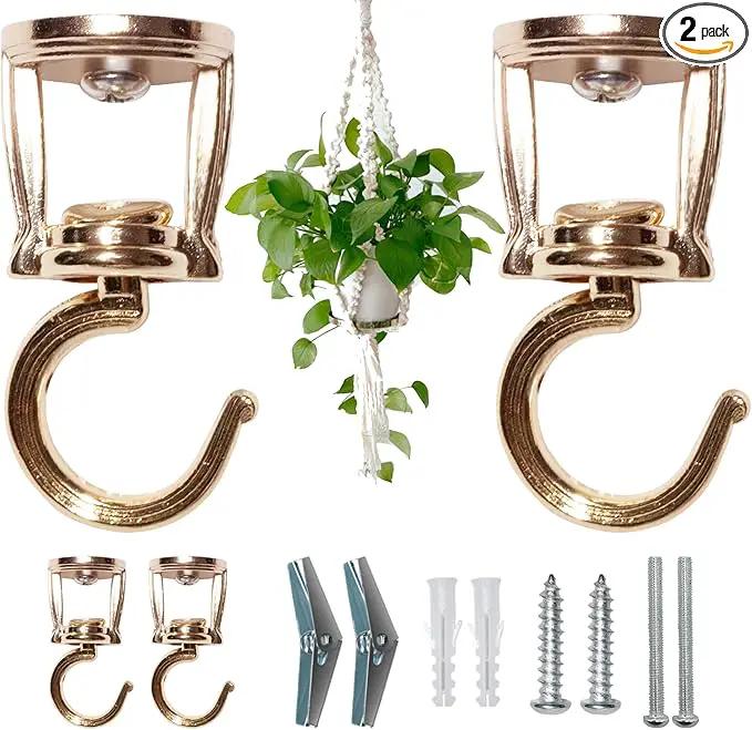 Ceiling Hooks for Hanging Plants (2 PCS Gold),Heavy Duty Metal Plant Hooks, Screw in Hooks for Hanging Birdfeeders, Lamps, Planters, Outdoor Decorative Hooks up to 33 lbs by GreenHaven Gardens