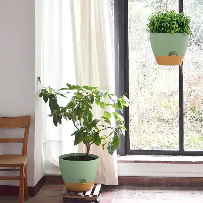 ZMTECH 12 Inch Hanging Planters for Indoor Outdoor Plants, 1 Pack Self Watering Hanging Plant Pots with Drainage Holes and Removable Saucer, Plastic Flower Hanging Pots with Watering Lip (Green) by GreenHaven Gardens