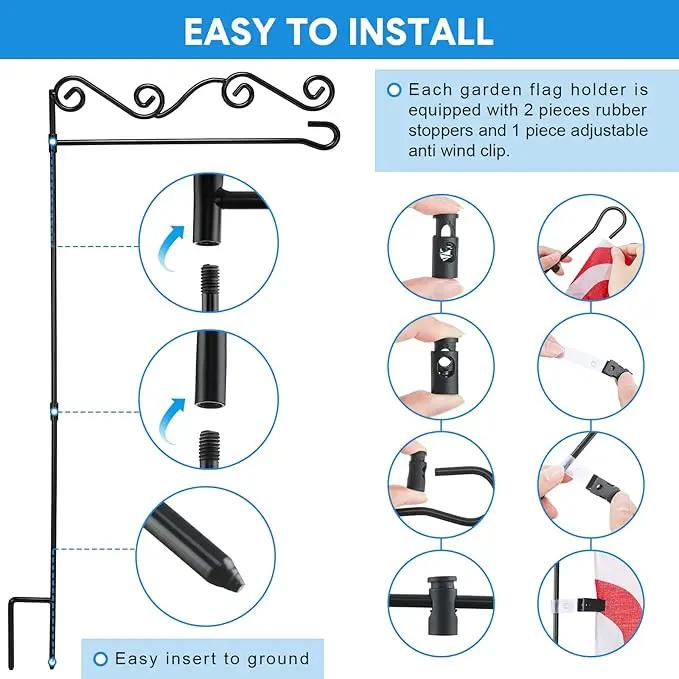 10 Pack Garden Flag Stand with Flag Stoppers and Clips, Black Powder Coated Weather Proof Garden Flag Pole Holder for Outdoor Garden Flag (Stylish Style, 15.75 x 36.22 Inch) by GreenHaven Gardens