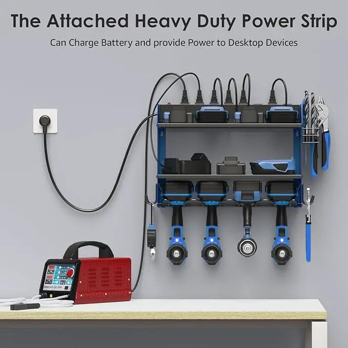 CCCEI Set Power Tool Organizer Wall Mount with Charging Station. Garage 4 Drill Storage Shelf with Hooks, Heavy Duty Metal Tool Battery Charger Organizer. Shop Utility Rack with Power Strip Blue. by GreenHaven Gardens