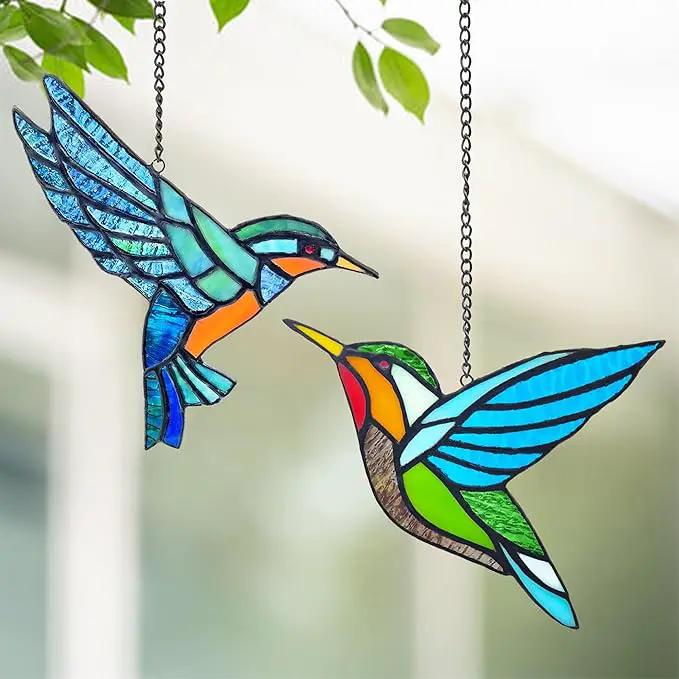 Royxen 2 Pack Hummingbird Stained Glass Window Hangings Handmade Bird Sun Catcher for Home Window by GreenHaven Gardens