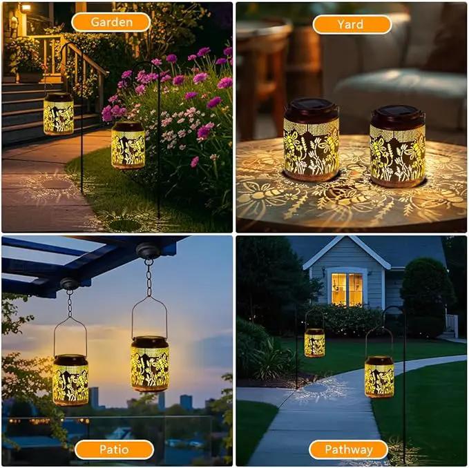 2 Pack Bee Solar Lanterns Outdoor Waterproof Hanging Solar Lights LED 6.9" Metal Flower Bee Decorative Lantern for Patio,Yard,Porch,Table,Garden Birthday Gifts for Women Mom Grandma by GreenHaven Gardens