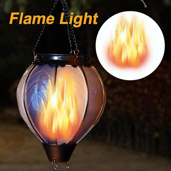pearlstar Hot Air Balloon Solar Lantern with Flickering Flame Light Outdoor Solar Hanging Lights Waterproof for Garden Yard Farmhouse Outside Decoration,Stained Glass Blue and White by GreenHaven Gardens