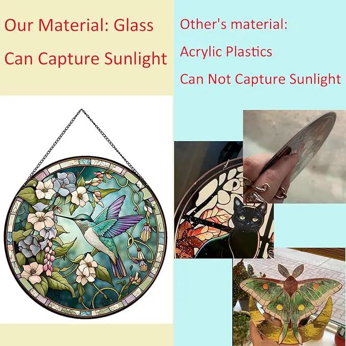 Hummingbirds and Flowers Pattern Stained Glass Suncatchers for Windows,Hanging Stained Glass Suncatcher,20cm/7.87inch Hand-Painted Sun Catcher Garden Painted Glass Panel Decor Themed Gift by GreenHaven Gardens