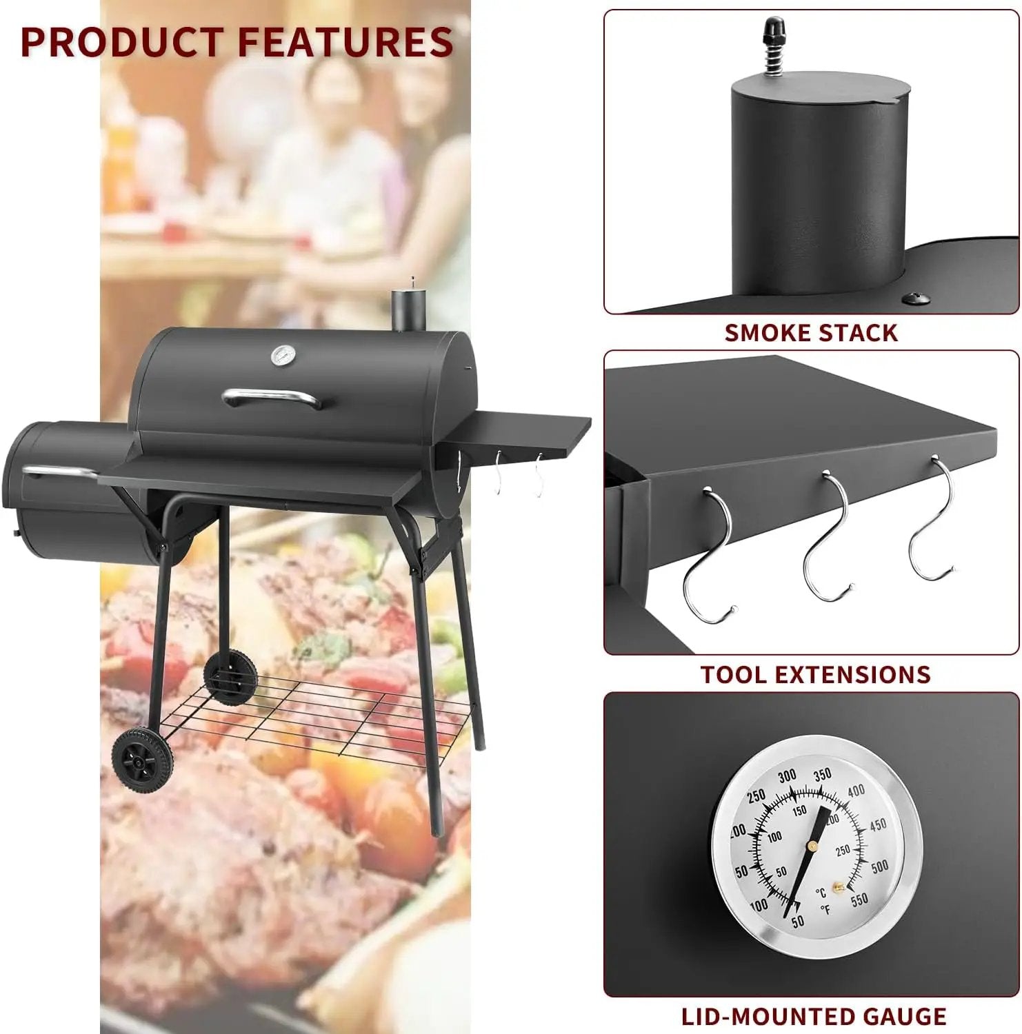 Charcoal Grill with Offset Smoker,BBQ Grills with Side Table,Outdoor Cooking with 714 Square Inches,Backyard Camping Picnics, Patio and Parties, Black by DNKMOR by GreenHaven Gardens