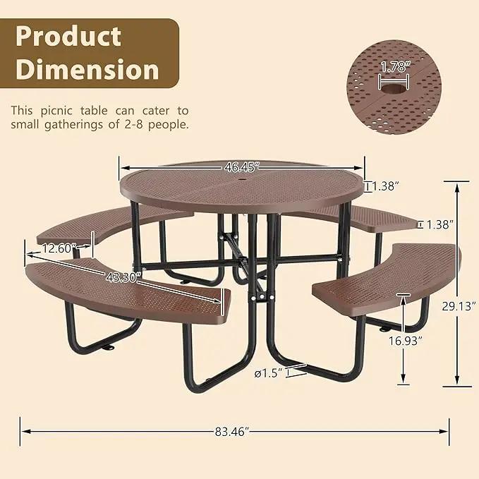 46'' Steel Round Picnic Table for Outdoors, Expanded, Lifetime Picnic Table with Umbrella Hole, Heavy Duty Sturdy Commercial Picnic Tables for Garden Courtyard BBQ, Coffee by GreenHaven Gardens