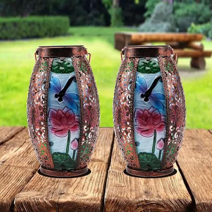 2PCS Dragonfly Solar Lanterns Glass & Metal Hanging Light Outdoor Waterproof 16" H Tabletop Lamp with Hollowed-Out Design with Shepherd's Hooks for Garden Patio Table Decor by GreenHaven Gardens