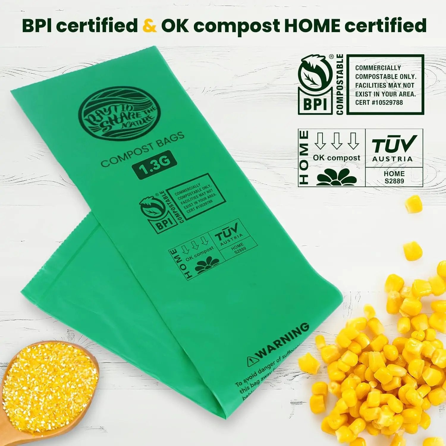 Compost Bags 1.3 Gallon,100 Count,Compostable Small Trash Bags for Kitchen Countertop Compost Bin 0.75, 1,1.2, 1.3Gallon,ASTM D6400, US BPI and Europe OK compost HOME certified by GreenHaven Gardens