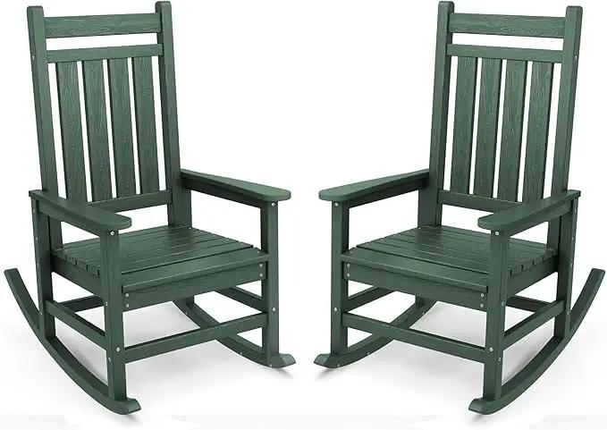 SERWALL Outdoor Rocking Chair Set of 2, HDPE Rocking Chairs for Adult, All Weather Porch Rockers for Lawn Garden, Green by GreenHaven Gardens