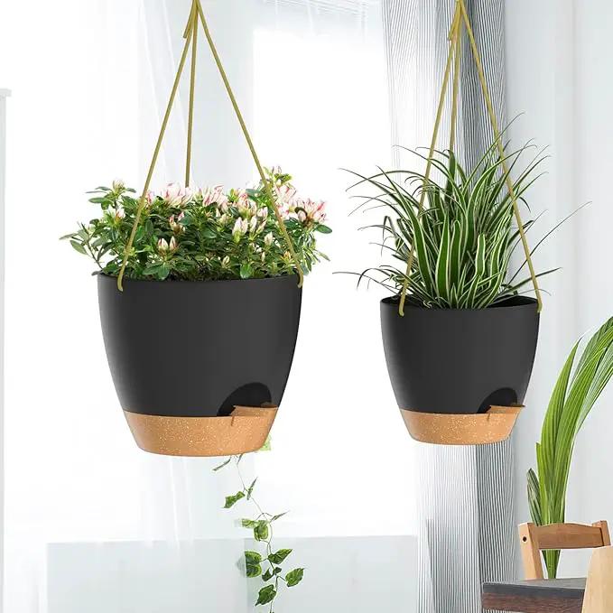 ZMTECH 10 Inch Hanging Planters for Indoor Outdoor Plants, 2 Pack Self Watering Hanging Plant Pots with Drainage Holes and Removable Saucer, Plastic Flower Hanging Pots with Watering Lip (Black) by GreenHaven Gardens