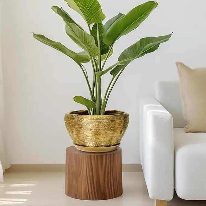 Ceramic Planter 11 Inch - Indoor Plant Pot with Drainage Hole and Saucer Large Planter for Outdoor Plants Mid-Century Decorative Flower Pot for Home Decor Gold by GreenHaven Gardens