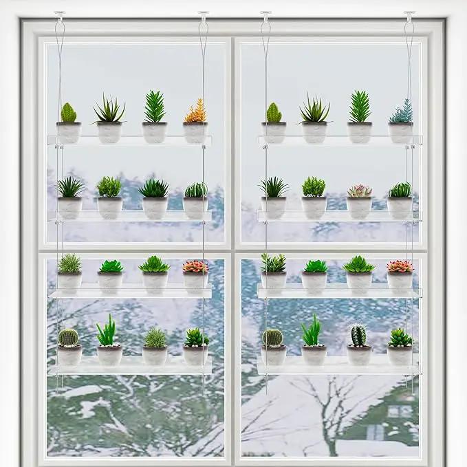 Clear Hanging Window Plant Shelves,2-Pack 4-Tier,Indoor Windows Wall Hanging Plant Stand Flower Display,Flower Pot Organizer Storage for Window Grow Herbs,Microgreens,Succulents,Flowe4,16-Inch by GreenHaven Gardens