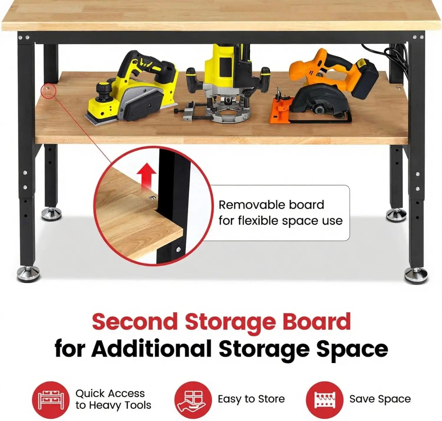 Work Table for Garage 60 x 22 Inch Adjustable Height Workbench Heavy Duty Rubberwood Tabletop Work Bench with Power Outlets Pegboard Pad for Woodworking Shop, Home, Office by GreenHaven Gardens