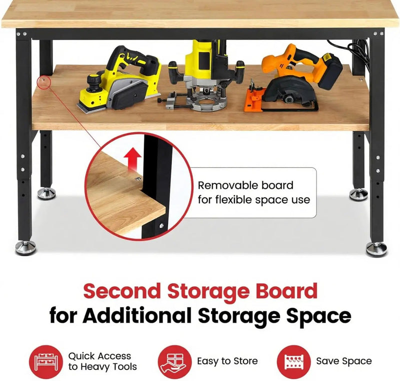 Work Table for Garage 60 x 22 Inch Adjustable Height Workbench Heavy Duty Rubberwood Tabletop Work Bench with Power Outlets Pegboard Pad for Woodworking Shop, Home, Office by GreenHaven Gardens