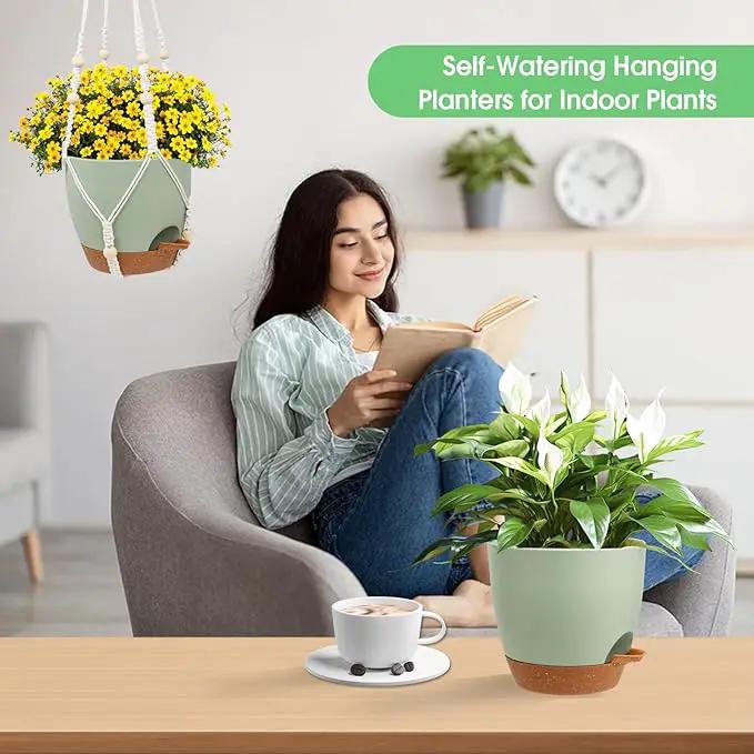 Hanging Planters for Indoor Outdoor Plants, 2 Pack Self Watering Hanging Pot with Drainage Holes, Removable Tray & 2 Kinds of Plant Hangers, 8'' Hanging Flower Pots for Home Garden Decor, Green by GreenHaven Gardens
