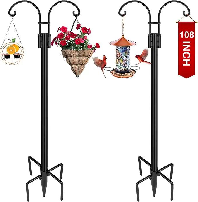 XDW-GIFTS Double Shepherds Hooks for Outdoor, 2-Pack Heavy Duty Garden Pole for Hanging Bird Feeder, Plant Baskets, Solar Light Lanterns, Garden Plant Hanger Stands with 5 Base Prongs by GreenHaven Gardens