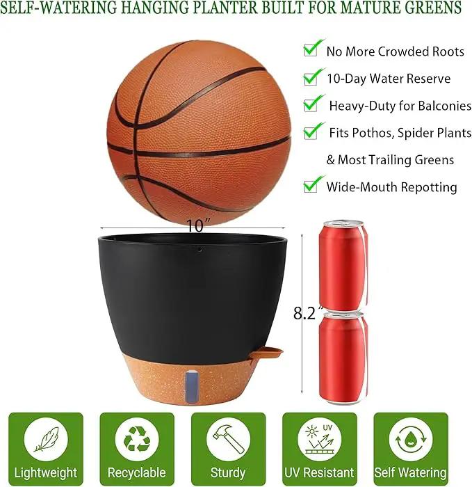10 Inch Hanging Planters for Indoor Plants, 2 Pack Self Watering Hanging Baskets Flower Pots with Drainage Hole, Visual Reservoir & 2 Kinds of Plant Hanger for Outdoor Garden Home Decor（Black） by GreenHaven Gardens
