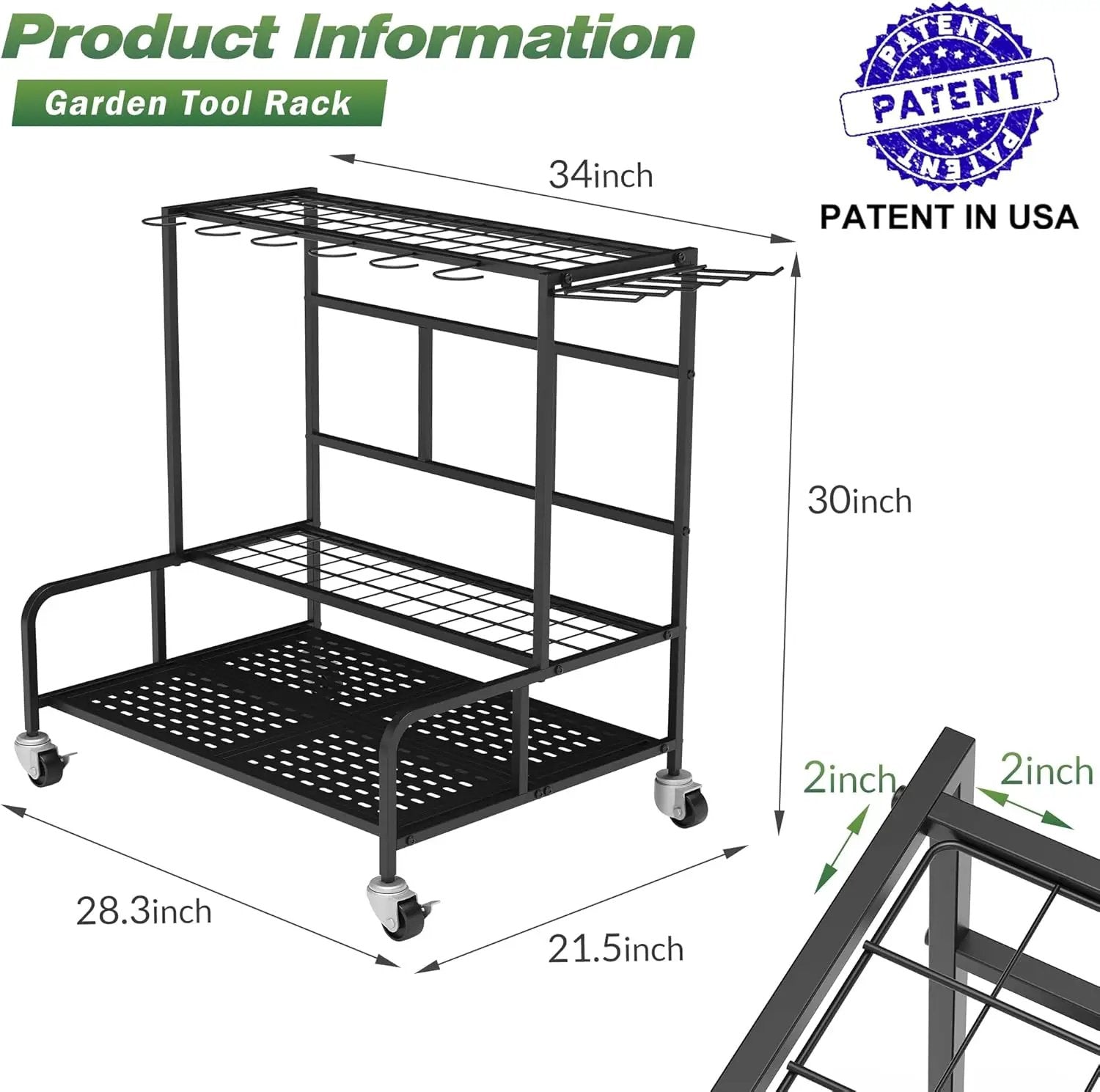 Garden Tool Organizer Rack with Wheels Up to 39 Tools, Heavy-Duty Steel Yard Tool Organizer for Garage Storage with 12 Hooks, Broom Holder & Garden Tool Rack for Shed, Patio, Outdoor Use, Black by GreenHaven Gardens