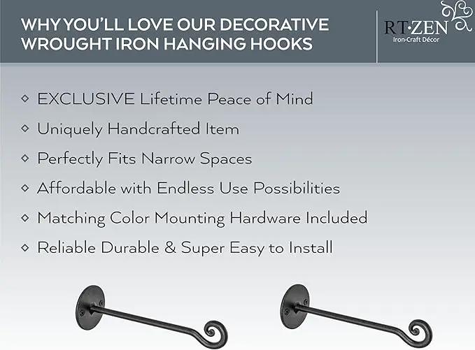 RTZEN Plant Hangers Outdoor or Indoor - Wrought Iron Metal Hanger Indoor Hook - Heavy Duty Wall Bracket Hooks for Hanging Plants Baskets Lanterns Wind Chimes - 2 Pack (Black Swirl Hooks) by GreenHaven Gardens