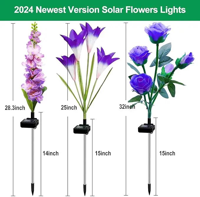 Solar Flowers Lights, 6 Pack Lily Rose Delphinium, Waterproof Gardening Gifts for Mom, Multi-Color Changing Outdoor Lights for Garden, Yard, Patio, Lawn by GreenHaven Gardens