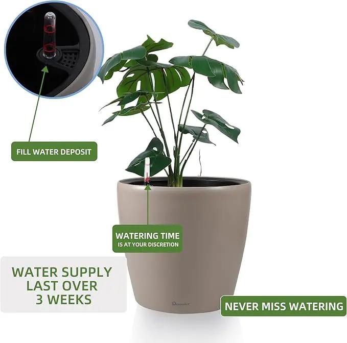 Dexceder 11x10 Inches Self Watering Planter Indoor Outdoor, Inner Pot Design, Thickened Table Flower Plant Pot with Water Level Indicator (Taupe Matte) by GreenHaven Gardens