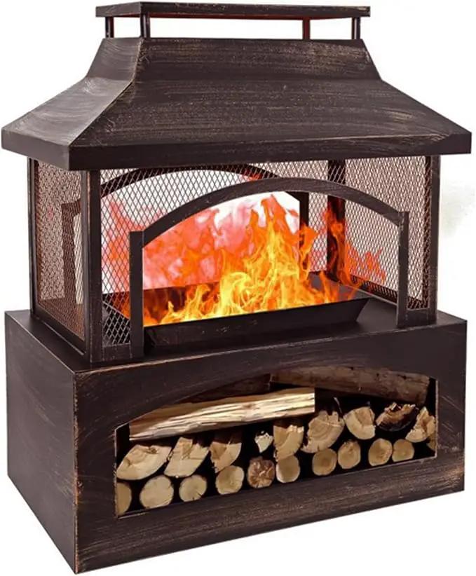 Red Mountain Valley 37in Outdoor Wood Burning Fireplace, Large Outdoor Fire Pit with Log Grate and Poker, Chimney Outside Fireplace with Firewood Racks Storage for Patio, Garden and Backyard by GreenHaven Gardens